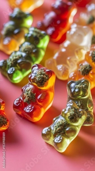 Obraz Colorful gummy bears infused with cannabis arranged artfully on a pink background, showcasing their vibrant hues of green, red, and orange while hinting at their playful nature.