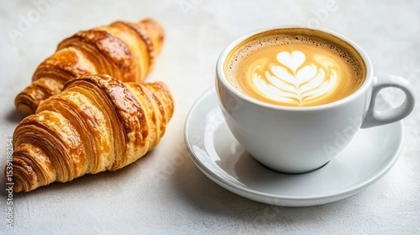Obraz Creamy latte art in a white cup sits next to fresh, golden croissants, creating a warm, inviting atmosphere perfect for a morning coffee break or delightful café experience.