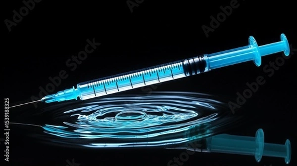 Obraz A close-up view of a blue syringe gracefully hovering above a calm surface of water, creating concentric ripples that enhance its pristine appearance and medical connotation.