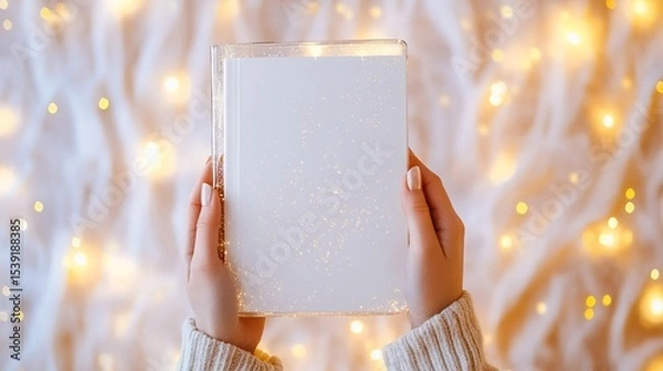 Obraz Magical winter reading moment: soft white book held by hands in cozy knit sweater against twinkling golden bokeh lights background, creating enchanting festive atmosphere