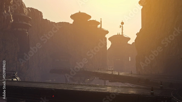 Fototapeta Fantasy future sci-fi base in a mountainous landscape with dramatic cinematic lighting. 3D illustration.