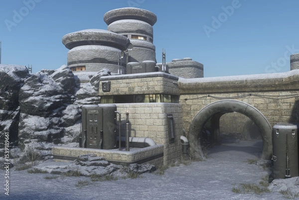 Fototapeta Fantasy remote sci-fi outpost in a frozen landscape. 3D render.