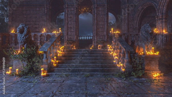 Fototapeta Stone staircase guarded by two lion statues and lit by candles in a gothic medieval castle. 3D render.