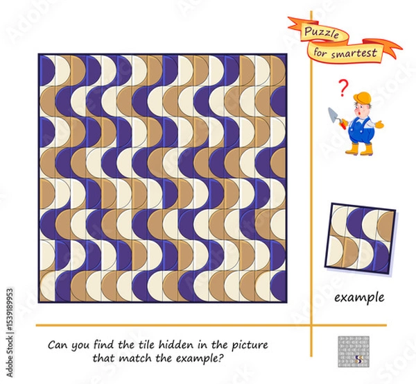 Obraz Can you find the tile hidden in the picture that match the example? Logic puzzle game for smartest. Develop spatial thinking. Task for attentiveness. Brain teaser book. Vector illustration.