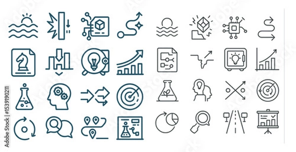 Fototapeta Collection of icons and symbols, including a chess piece, a light bulb, a heart, a road sign, and a goal