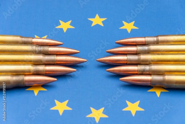 Fototapeta Bullets against the backdrop of the EU: the subject of sanctions, the defence industry and international politics.