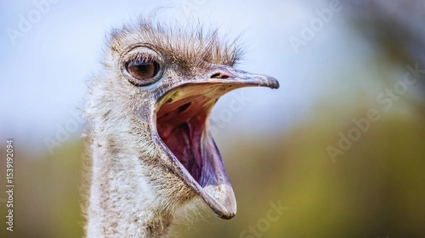 Fototapeta Close-up portrait of a wild ostrich with its head, long neck, and eye clearly visible, showcasing its feathers