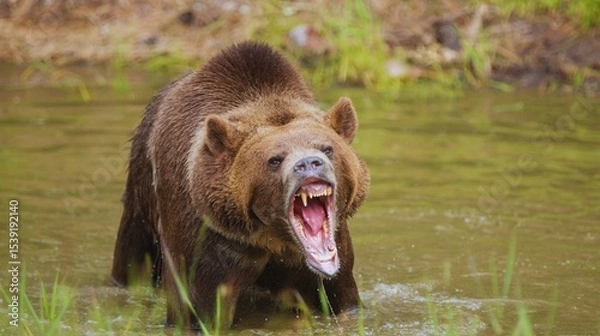 Fototapeta Wild brown bear, Ursus arctos, in its natural habitat, whether walking through the forest or in the water