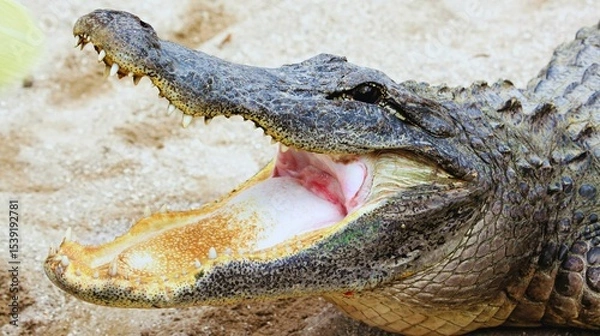 Fototapeta American alligators and crocodiles, dangerous reptiles with powerful jaws and sharp teeth, are wild predators of the water
