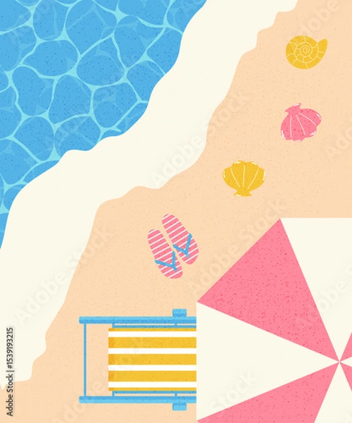 Obraz summer banner, beach umbrella with sun lounger on the beach, grainy texture, vector illustration