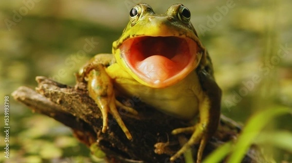 Fototapeta Green amphibian in its natural pond habitat, a small frog or toad on a leaf