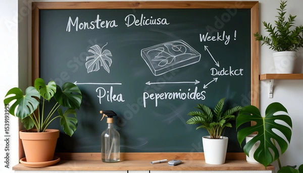 Fototapeta Indoor plants arranged on a shelf beside a chalkboard with notes  