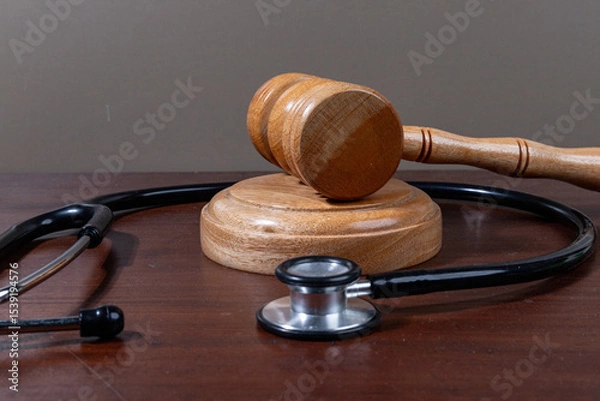 Fototapeta A powerful visual of a gavel and stethoscope placed together on a desk symbolizes the legal scrutiny over medical practices.