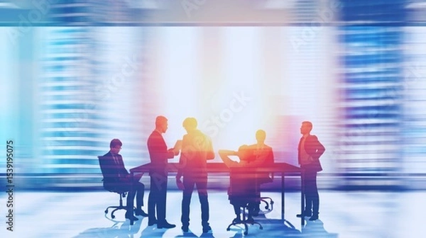 Fototapeta Silhouette of business people in a cafe, a group meeting at a table, discussing work