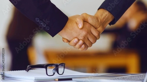Fototapeta Business people shaking hands to seal a deal, symbolizing agreement and successful partnership in an office meeting