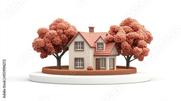 Obraz Miniature home with trees on a round platform.