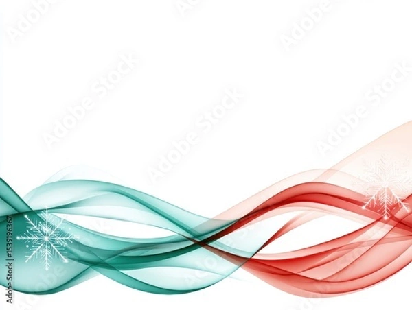 Fototapeta Abstract design with flowing teal and red lines and snowflakes