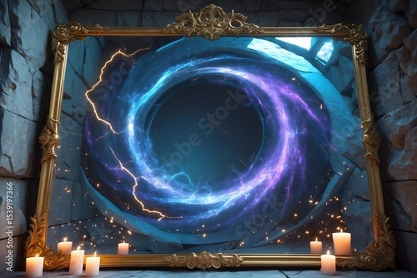 Obraz Mystical swirling portal with glowing energy, set in a stone chamber with flickering candles

