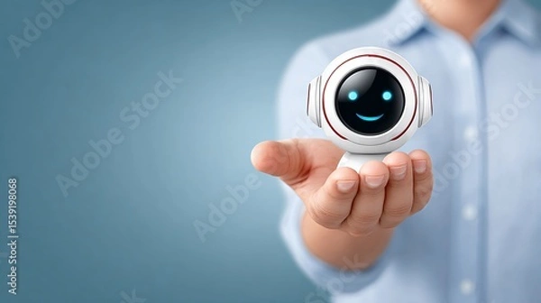 Fototapeta Man holding a small humanoid robot with a smiling face in his hand. Artificial intelligence assistant for customer service.