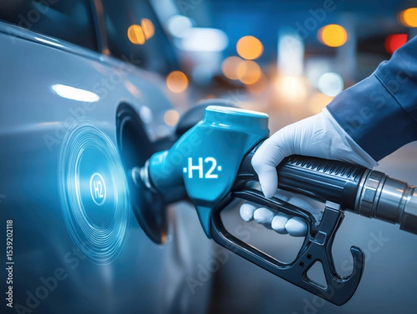 Obraz Hydrogen fuel pump in action at a modern refueling station during twilight hours