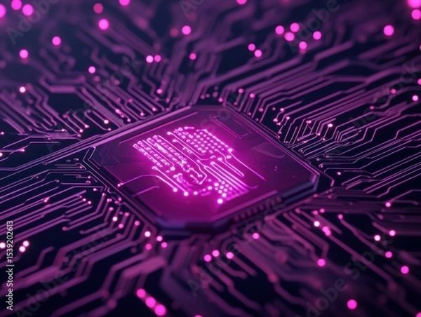 Fototapeta Circuit board with glowing central chip
