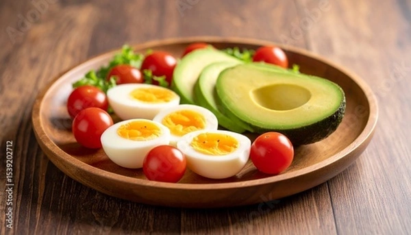 Fototapeta Avocado, boiled eggs and dripping tomatoes on a plate