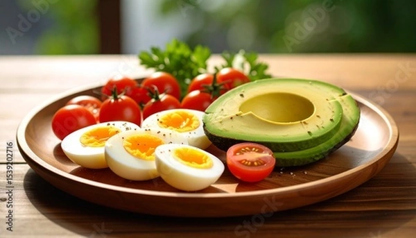Fototapeta Avocado, boiled eggs and dripping tomatoes on a plate