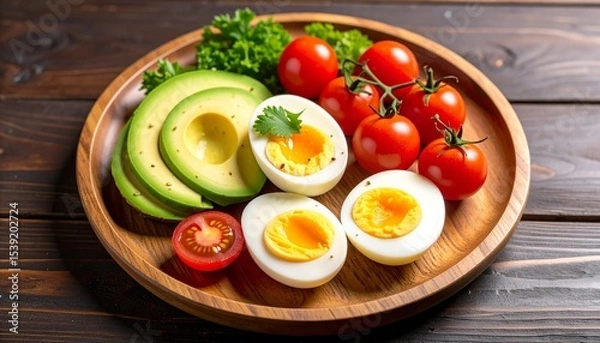 Fototapeta Avocado, boiled eggs and dripping tomatoes on a plate