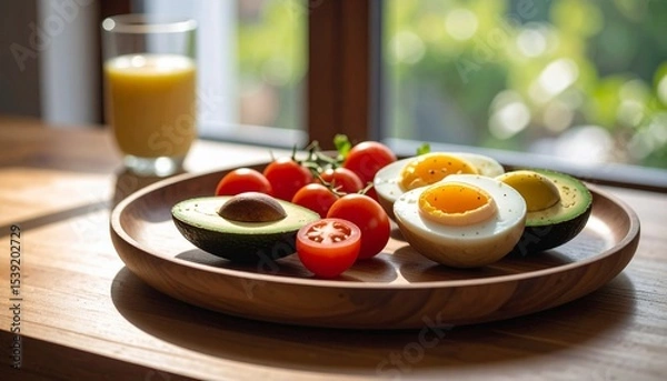 Fototapeta Avocado, boiled eggs and dripping tomatoes on a plate