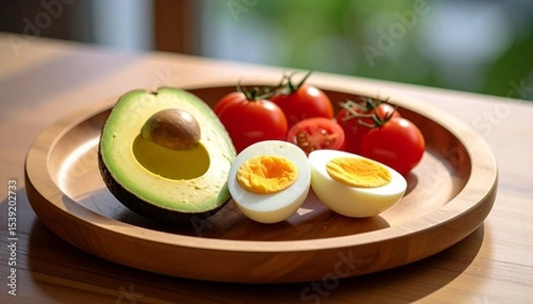 Fototapeta Avocado, boiled eggs and dripping tomatoes on a plate