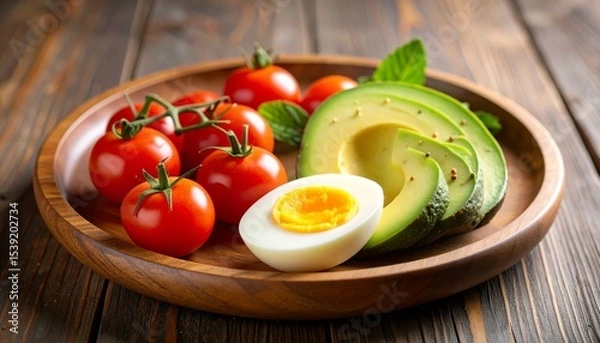 Fototapeta Avocado, boiled eggs and dripping tomatoes on a plate