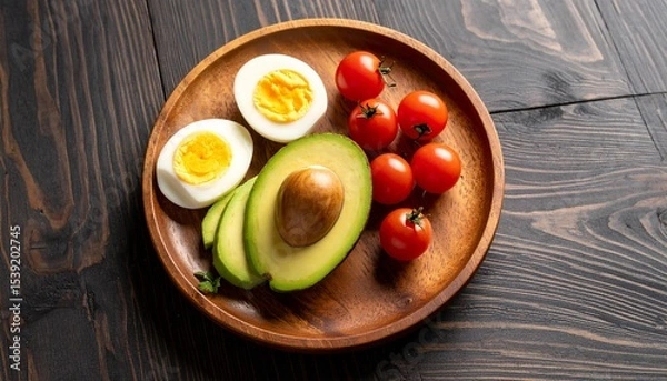 Fototapeta Avocado, boiled eggs and dripping tomatoes on a plate