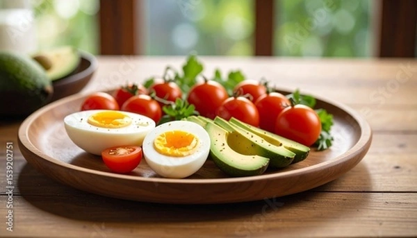 Fototapeta Avocado, boiled eggs and dripping tomatoes on a plate