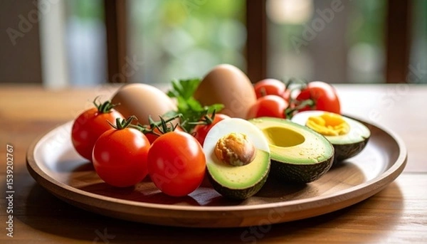 Fototapeta Avocado, boiled eggs and dripping tomatoes on a plate