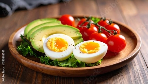 Fototapeta Avocado, boiled eggs and dripping tomatoes on a plate