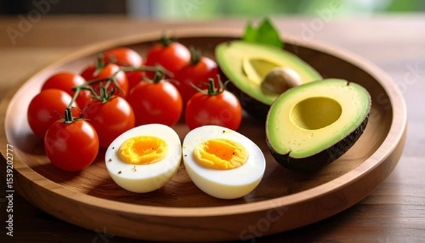 Fototapeta Avocado, boiled eggs and dripping tomatoes on a plate