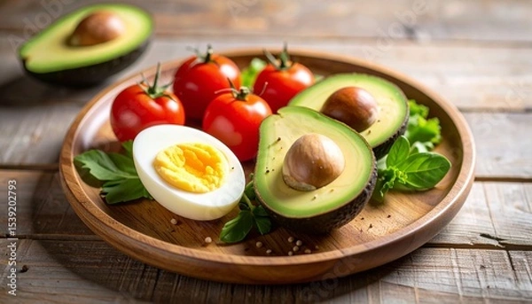 Fototapeta Avocado, boiled eggs and dripping tomatoes on a plate