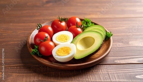 Fototapeta Avocado, boiled eggs and dripping tomatoes on a plate