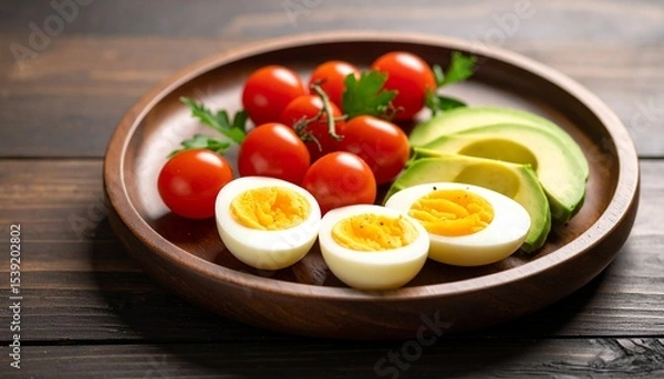 Fototapeta Avocado, boiled eggs and dripping tomatoes on a plate