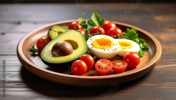 Fototapeta Avocado, boiled eggs and dripping tomatoes on a plate