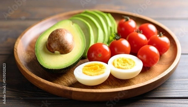 Fototapeta Avocado, boiled eggs and dripping tomatoes on a plate