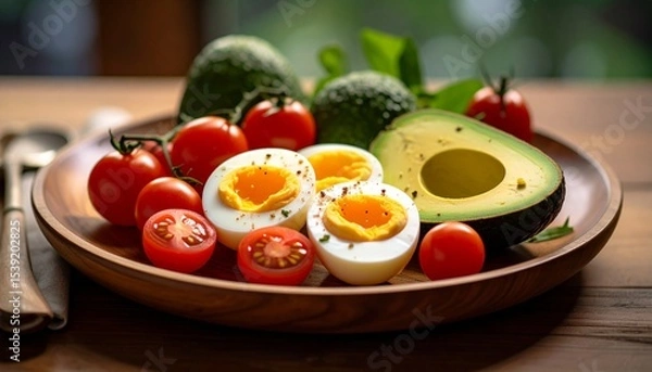 Fototapeta Avocado, boiled eggs and dripping tomatoes on a plate