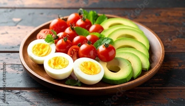 Fototapeta Avocado, boiled eggs and dripping tomatoes on a plate