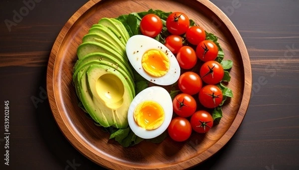 Fototapeta Avocado, boiled eggs and dripping tomatoes on a plate
