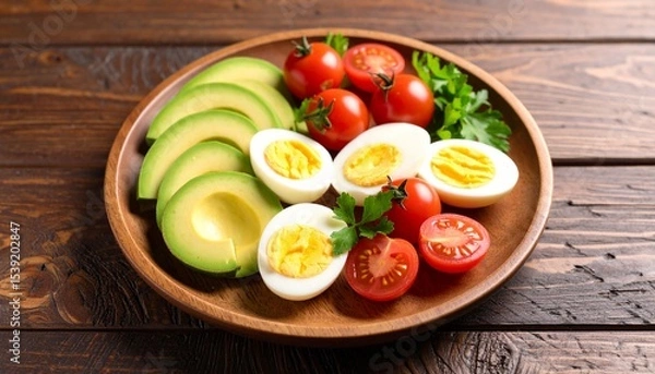 Fototapeta Avocado, boiled eggs and dripping tomatoes on a plate