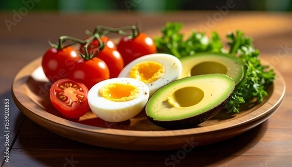 Fototapeta Avocado, boiled eggs and dripping tomatoes on a plate