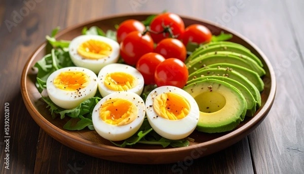 Fototapeta Avocado, boiled eggs and dripping tomatoes on a plate