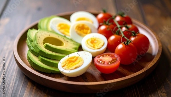 Fototapeta Avocado, boiled eggs and dripping tomatoes on a plate