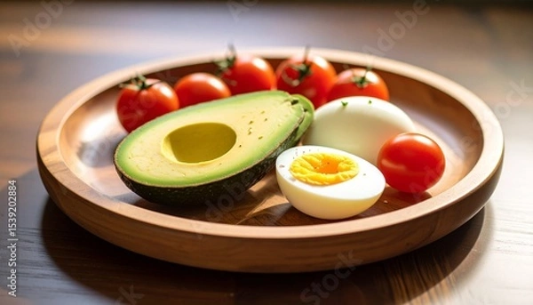 Fototapeta Avocado, boiled eggs and dripping tomatoes on a plate