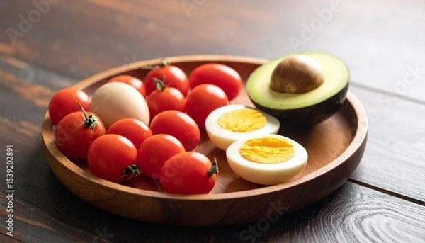 Fototapeta Avocado, boiled eggs and dripping tomatoes on a plate